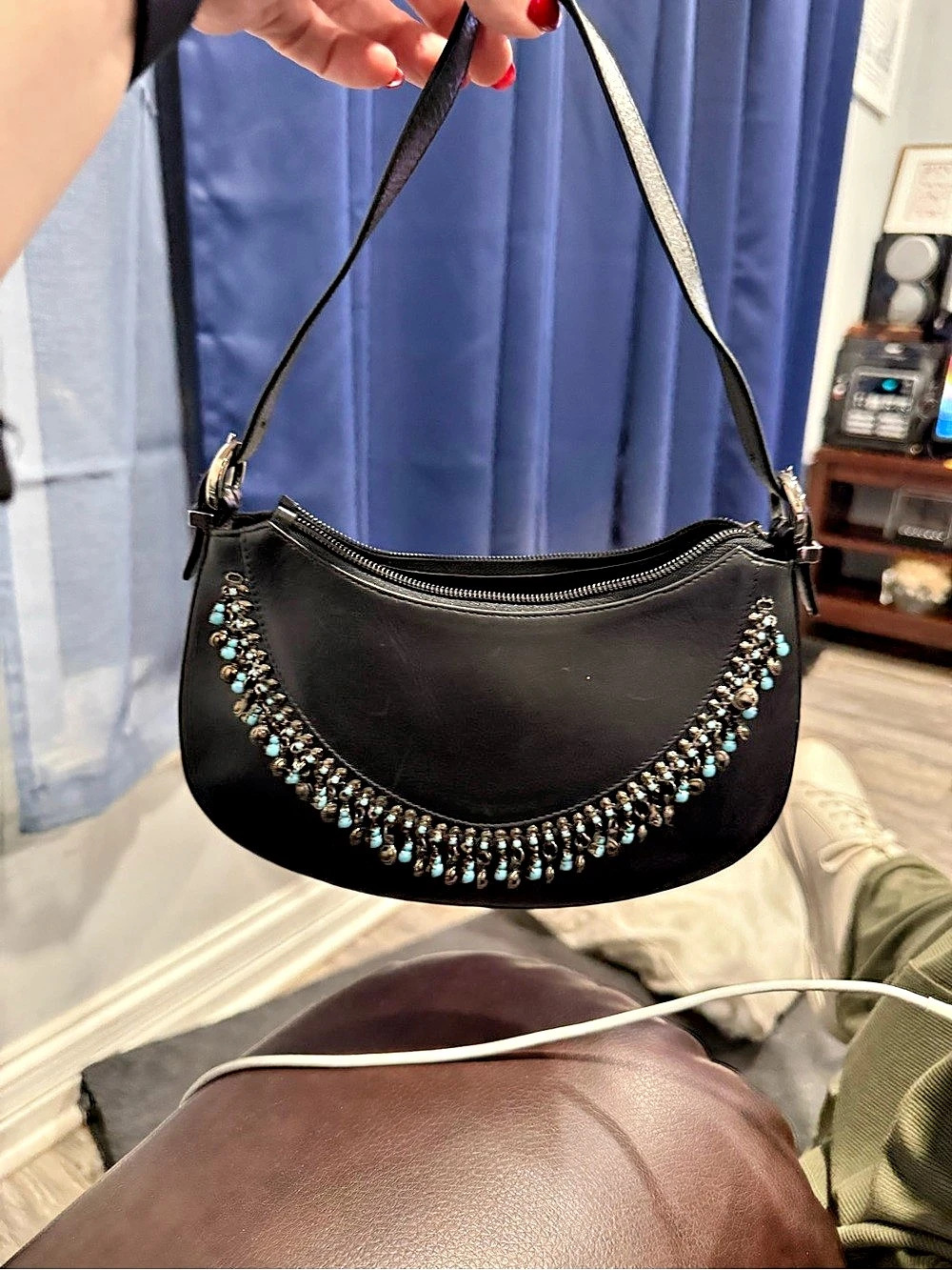 Stuart Weitzman Embellished Shoulder Bag in Black & Turquoise